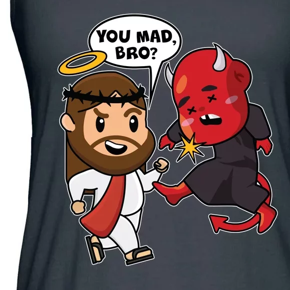 Funny You Mad Bro Jesus Vs Devil Ladies Essential Flowy Tank