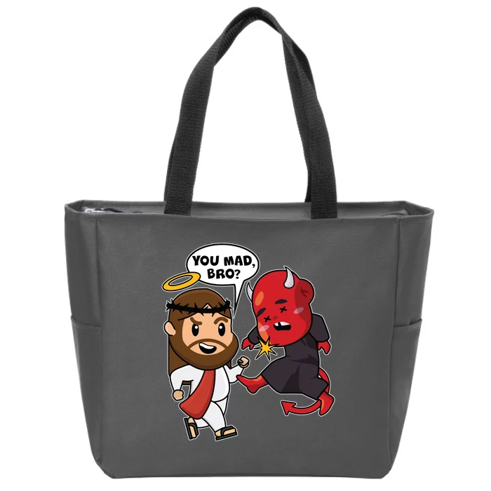 Funny You Mad Bro Jesus Vs Devil Zip Tote Bag