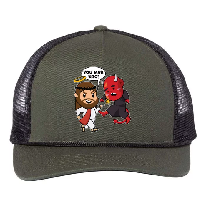 Funny You Mad Bro Jesus Vs Devil Retro Rope Trucker Hat Cap