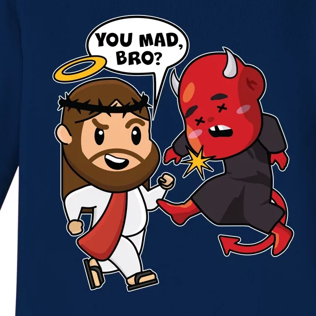 Funny You Mad Bro Jesus Vs Devil Baby Long Sleeve Bodysuit