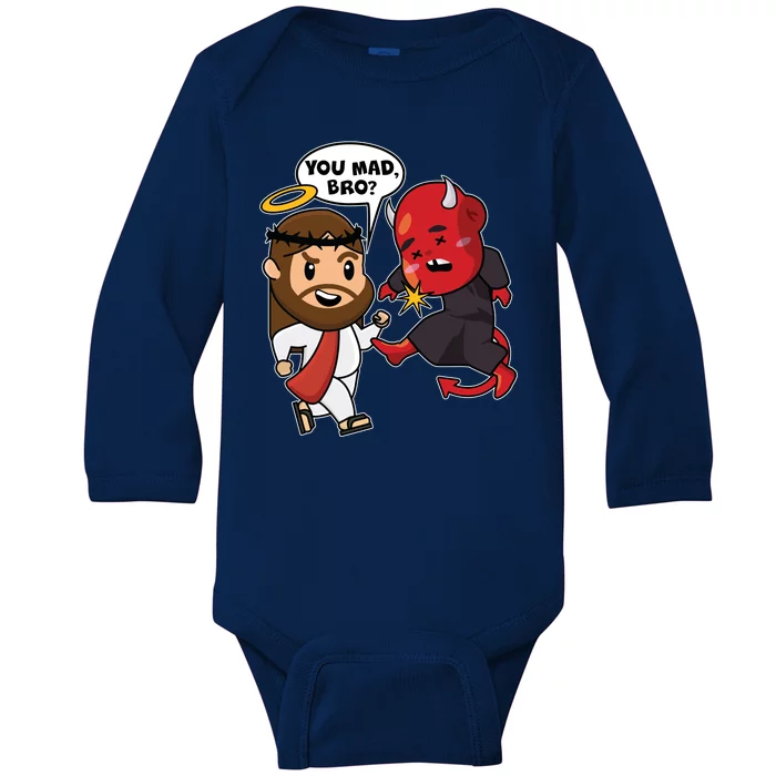 Funny You Mad Bro Jesus Vs Devil Baby Long Sleeve Bodysuit