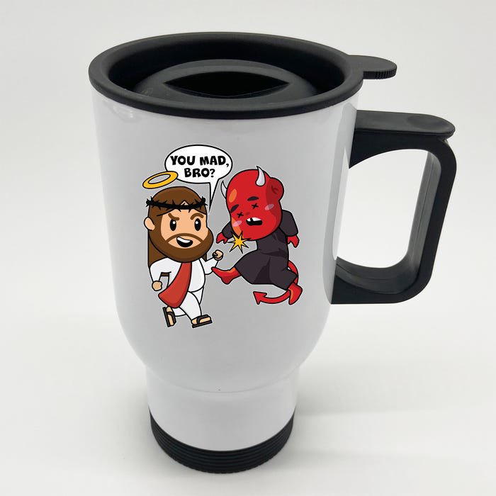 Funny You Mad Bro Jesus Vs Devil Front & Back Stainless Steel Travel Mug