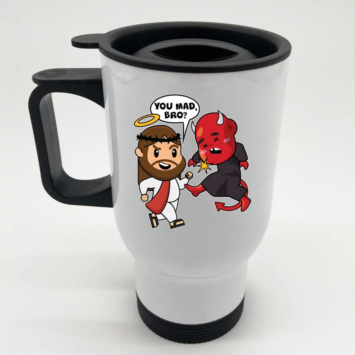 Funny You Mad Bro Jesus Vs Devil Front & Back Stainless Steel Travel Mug