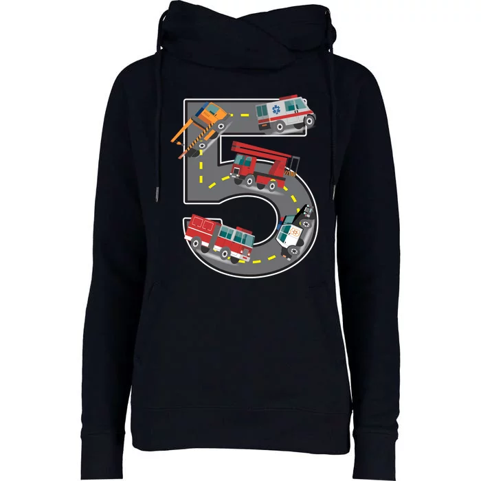 Five Year Old 5th Birthday Fire Truck Ambulance Police Car Womens Funnel Neck Pullover Hood