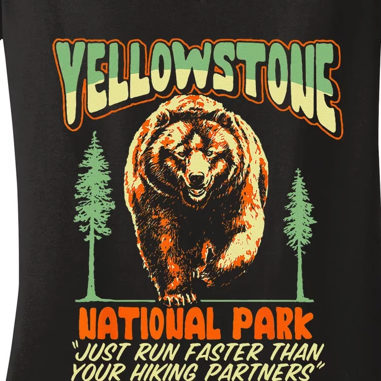 Funny Yellowstone Park Grizzly Bear Outrun Hiking Partners Women's V-Neck T-Shirt