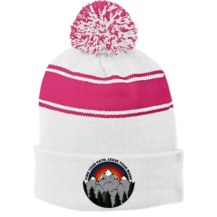 Find Your Path Leave Your Mark Outdoor Camping Retro Stripe Pom Pom Beanie