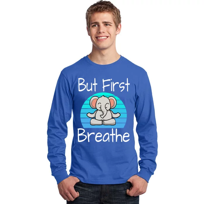 Funny Yoga Pose Elephant Sunset But First Breathe Relaxing Meaningful Gift Tall Long Sleeve T-Shirt