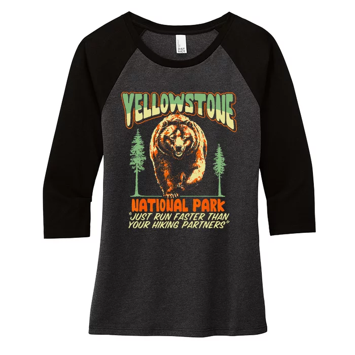 Funny Yellowstone Park Grizzly Bear Outrun Hiking Partners Women's Tri-Blend 3/4-Sleeve Raglan Shirt