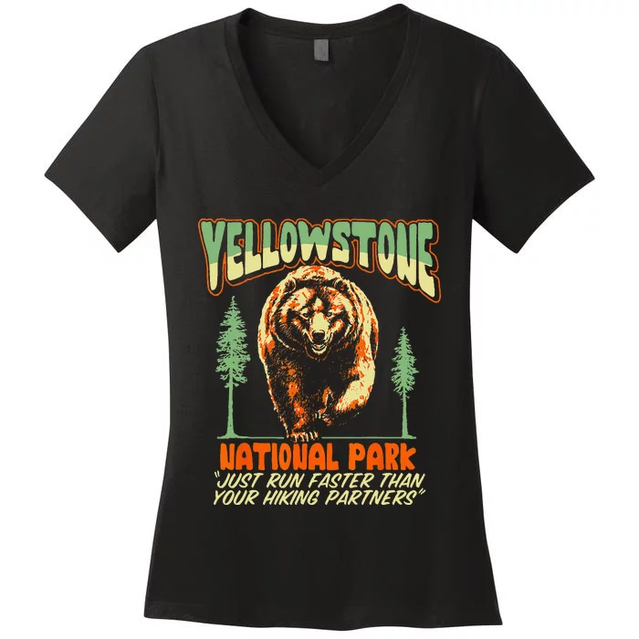 Funny Yellowstone Park Grizzly Bear Outrun Hiking Partners Women's V-Neck T-Shirt