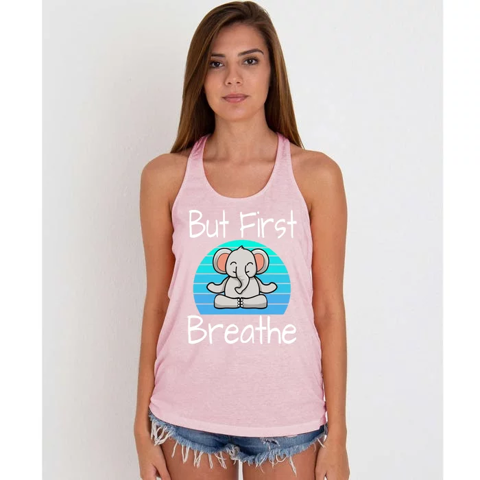 Funny Yoga Pose Elephant Sunset But First Breathe Relaxing Gift Women's Knotted Racerback Tank