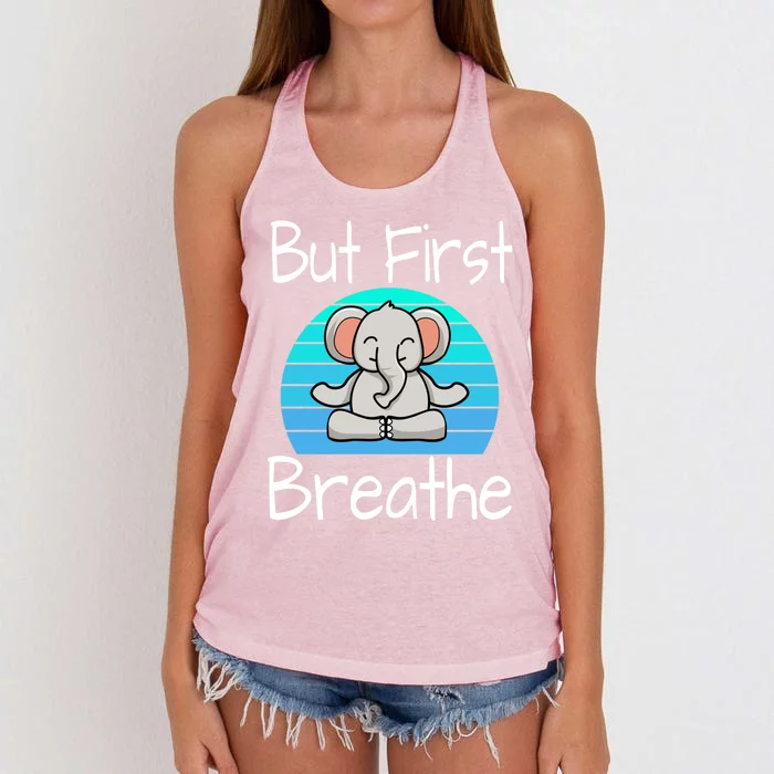 Funny Yoga Pose Elephant Sunset But First Breathe Relaxing Gift Women's Knotted Racerback Tank