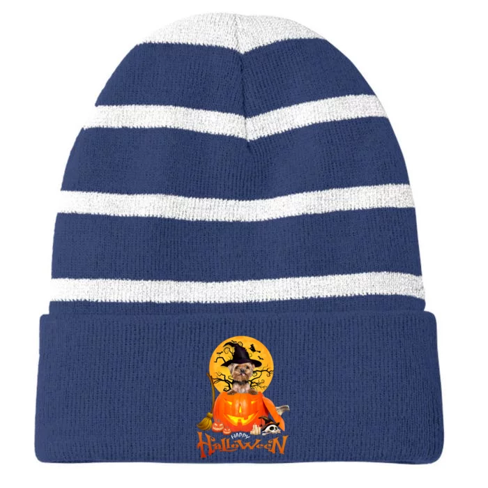 Funny YorKie Spooky Halloween Striped Beanie with Solid Band