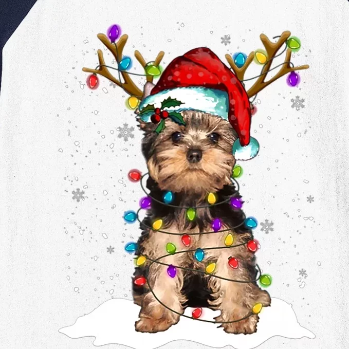 Funny Yorkshire Terrier Christmas Reindeer Horn Light Xmas Cute Gift Baseball Sleeve Shirt