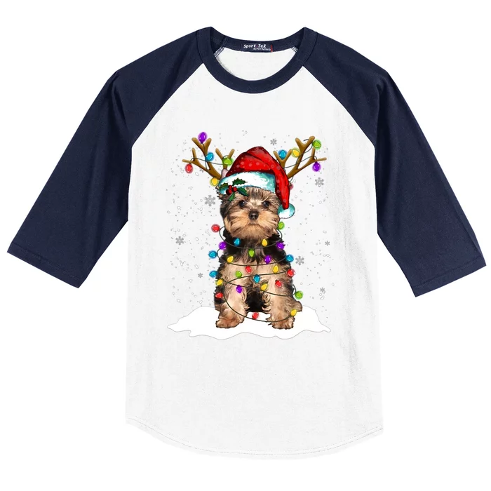 Funny Yorkshire Terrier Christmas Reindeer Horn Light Xmas Cute Gift Baseball Sleeve Shirt