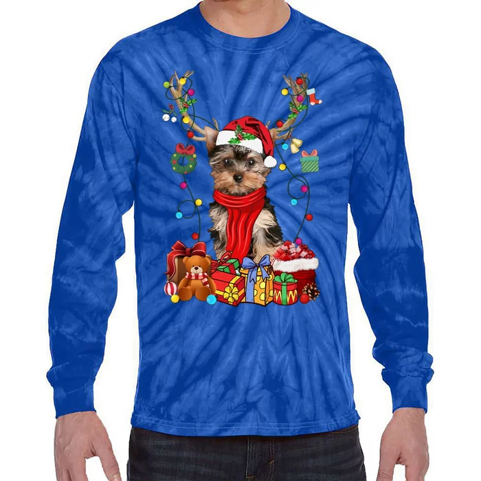 Funny Yorkshire Terrier Reindeer Gift Christmas Horn Light Gift Tie-Dye Long Sleeve Shirt