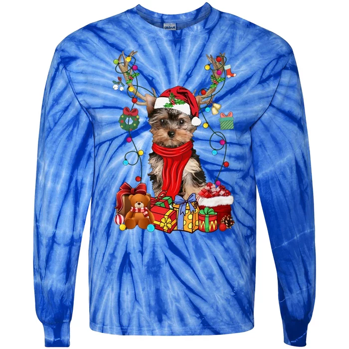 Funny Yorkshire Terrier Reindeer Gift Christmas Horn Light Gift Tie-Dye Long Sleeve Shirt