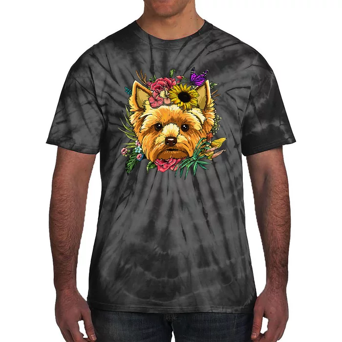 Floral Yorkshire Terrier Botanical Plant Flower Yorkie Lover Tie-Dye T-Shirt