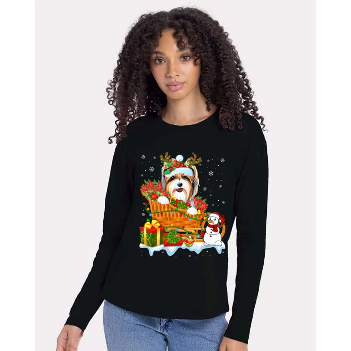 Funny Yorkshire Terrier Dog Cute Santa Sleigh Christmas Gift Womens Cotton Relaxed Long Sleeve T-Shirt