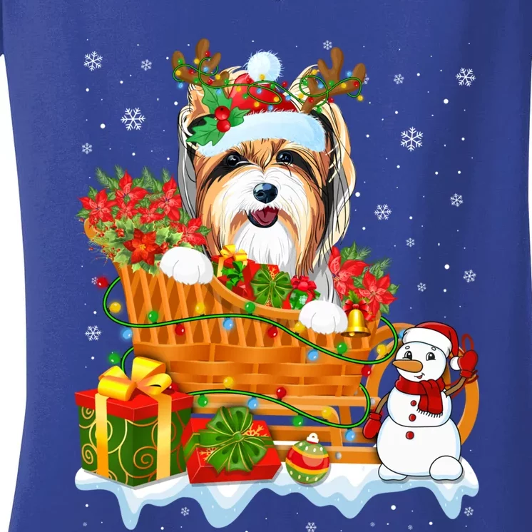 Funny Yorkshire Terrier Dog Cute Santa Sleigh Christmas Gift Women's V-Neck T-Shirt