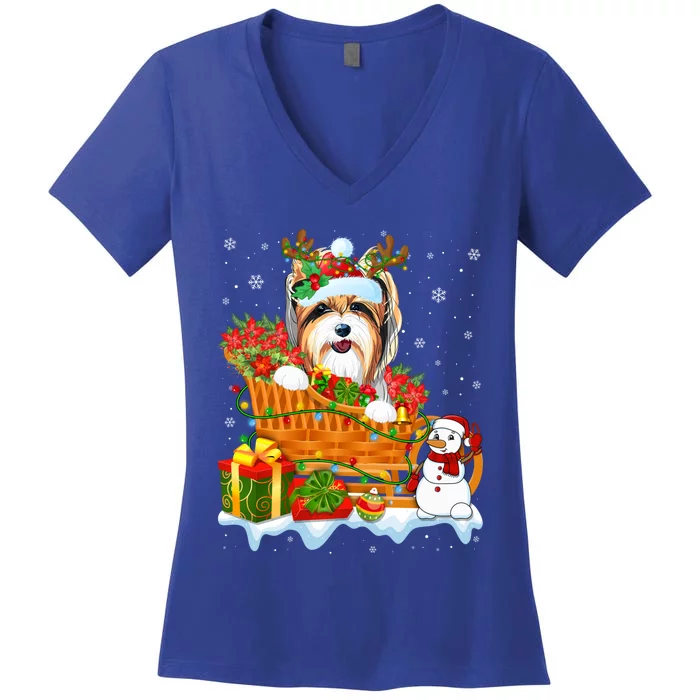 Funny Yorkshire Terrier Dog Cute Santa Sleigh Christmas Gift Women's V-Neck T-Shirt