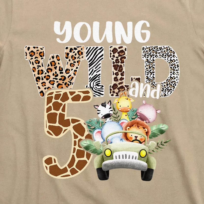 Funny Young Wild And Five 5th Birthday Safari Animal Themed T-Shirt