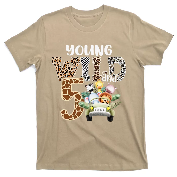 Funny Young Wild And Five 5th Birthday Safari Animal Themed T-Shirt