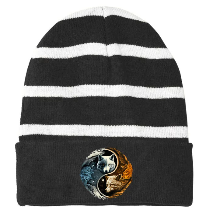 Fun Yin Yang Wolf Yin Yang Striped Beanie with Solid Band