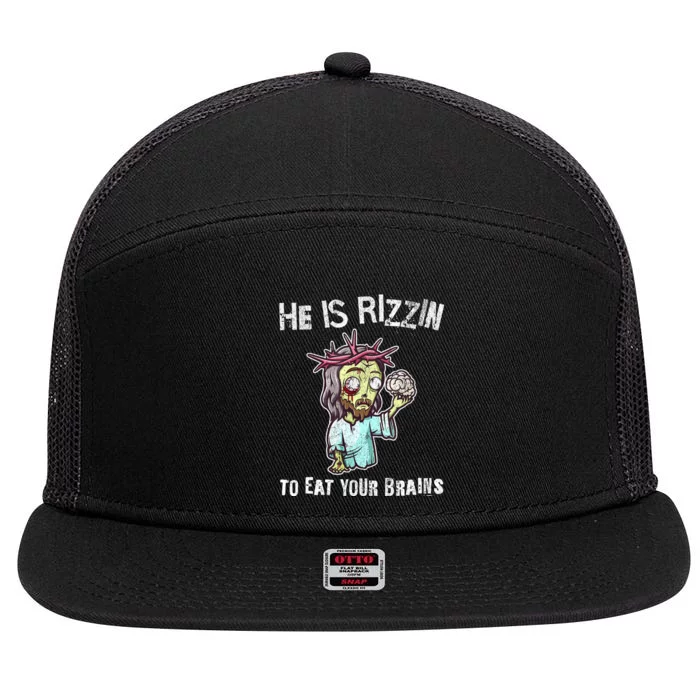 Funny Zombie Jesus He Is Risen Easter Rizzin Eat Your Brains 7 Panel Mesh Trucker Snapback Hat