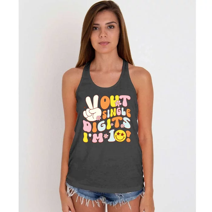 Groovy 10th Birthday Girl Peace Out Single Digits Im 10 Women's Knotted Racerback Tank