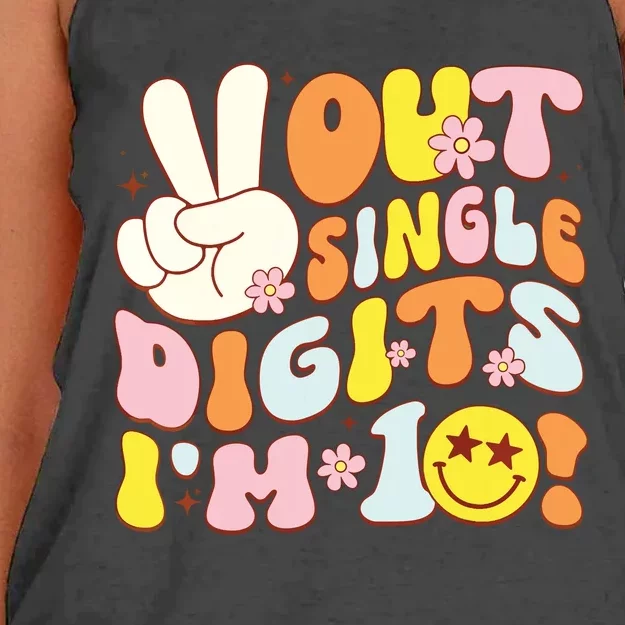 Groovy 10th Birthday Girl Peace Out Single Digits Im 10 Women's Knotted Racerback Tank