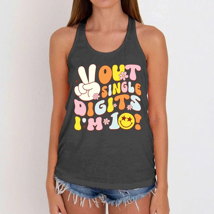 Groovy 10th Birthday Girl Peace Out Single Digits Im 10 Women's Knotted Racerback Tank