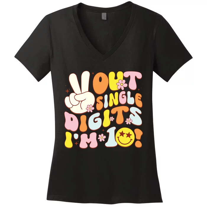 Groovy 10th Birthday Girl Peace Out Single Digits Im 10 Women's V-Neck T-Shirt