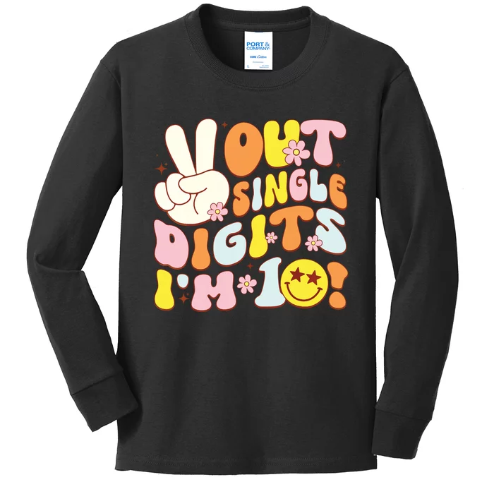 Groovy 10th Birthday Girl Peace Out Single Digits Im 10 Kids Long Sleeve Shirt