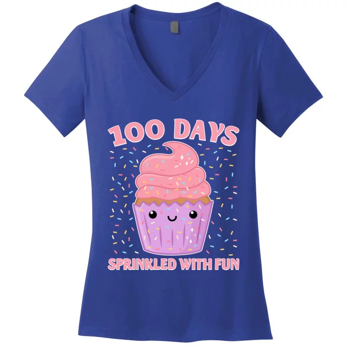 Girl 100th Day Of School 100 Days Sprinkled With Fun Cupcake Gift Women's V-Neck T-Shirt