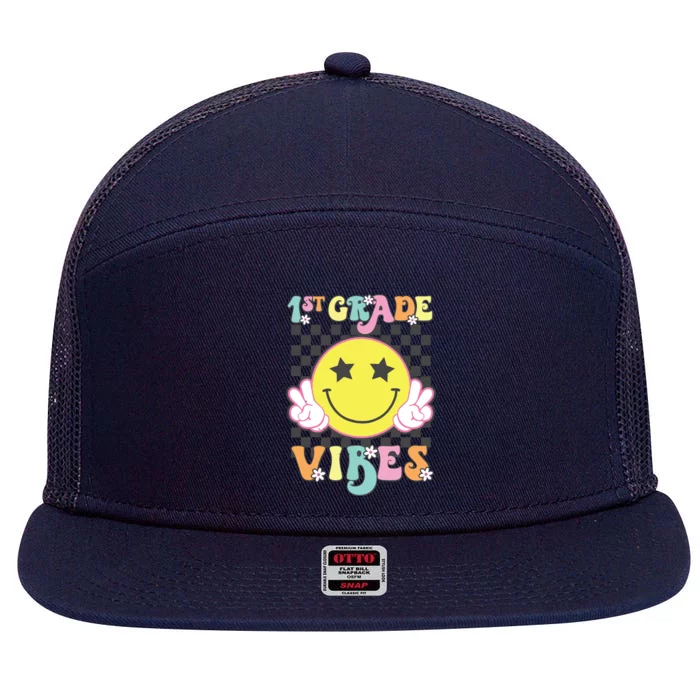 Girl 1st Grade Vibes Smile Face Back To School First Grade 7 Panel Mesh Trucker Snapback Hat