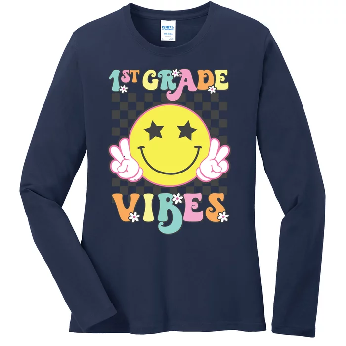 Girl 1st Grade Vibes Smile Face Back To School First Grade Ladies Long Sleeve Shirt