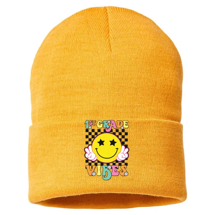 Girl 1st Grade Vibes Smile Face Back To School First Grade Sustainable Knit Beanie