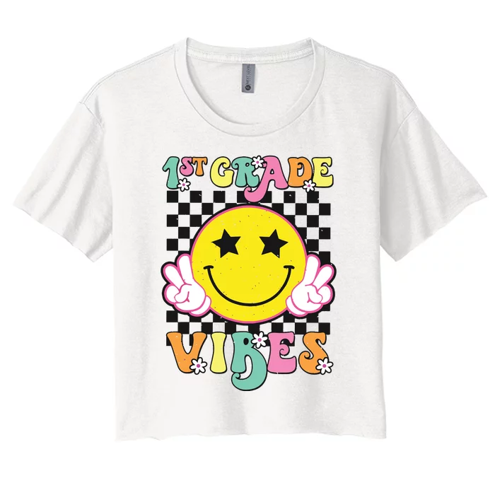 Girl 1st Grade Vibes Smile Face Back To School First Grade Women's Crop Top Tee