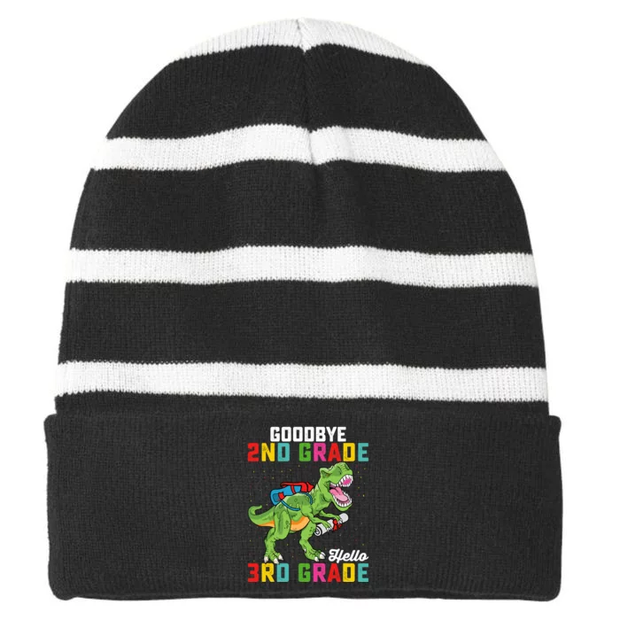 Goodbye 2nd Grade Hello 3rd Grade T Rex Last Day Of School Striped Beanie with Solid Band