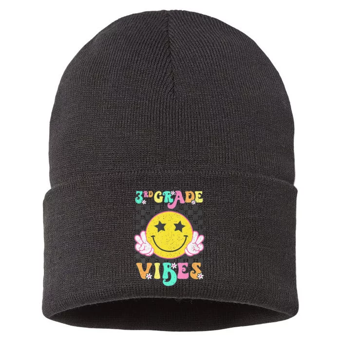 Girl 3rd Grade Vibes Smile Face Back To School Third Grade Gift Sustainable Knit Beanie