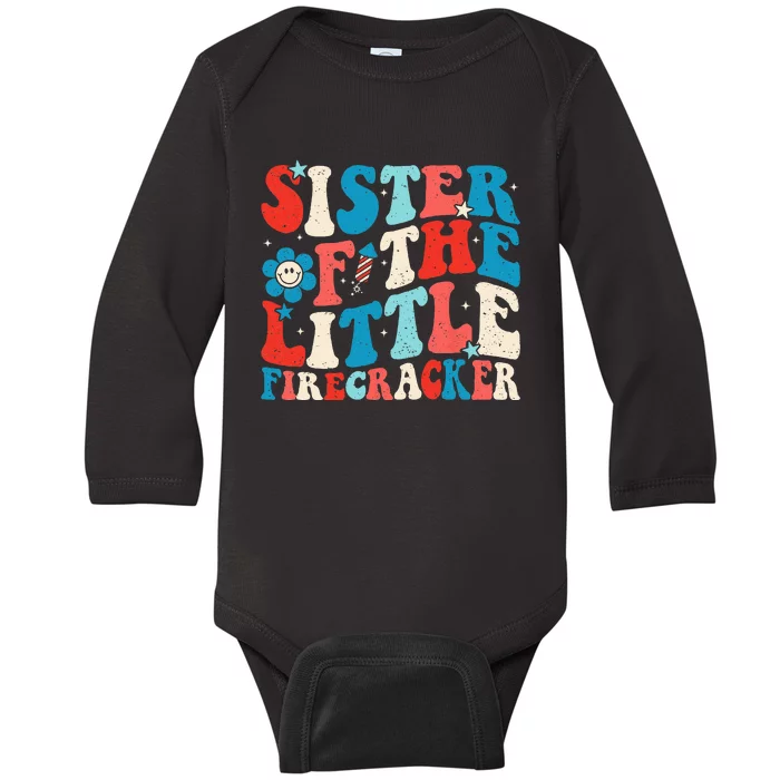 Groovy 4th of July Birthday Sister Of The Little Firecracker Baby Long Sleeve Bodysuit