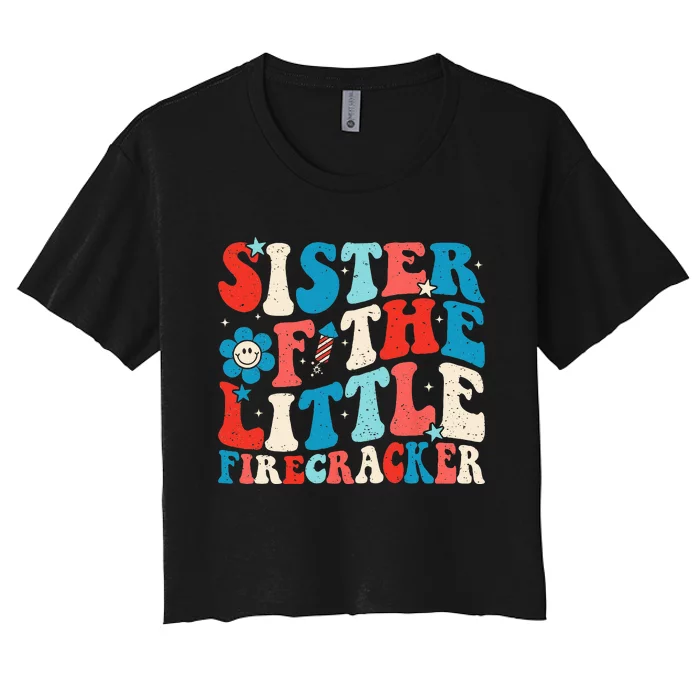 Groovy 4th of July Birthday Sister Of The Little Firecracker Women's Crop Top Tee