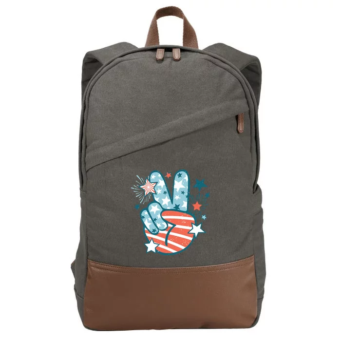 Groovy 4th Of July Peace Hand Sign USA Flag Freedom Cotton Canvas Backpack