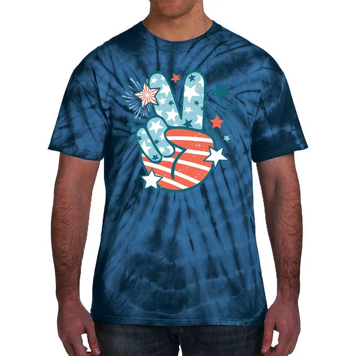 Groovy 4th Of July Peace Hand Sign USA Flag Freedom Tie-Dye T-Shirt