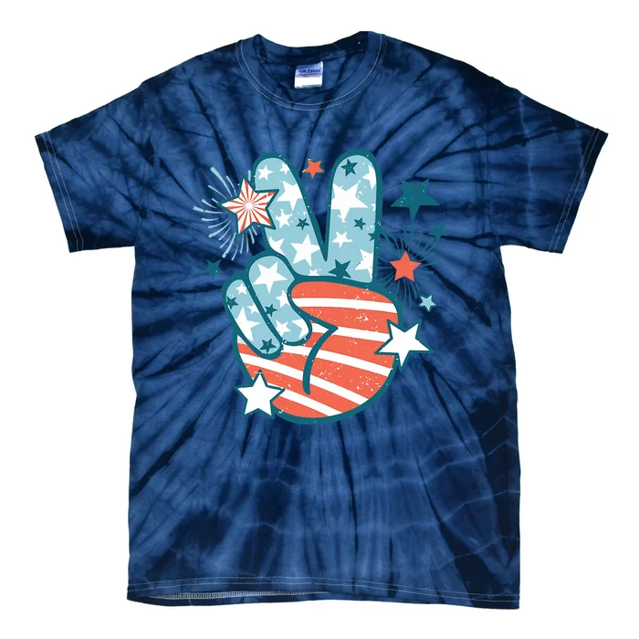 Groovy 4th Of July Peace Hand Sign USA Flag Freedom Tie-Dye T-Shirt