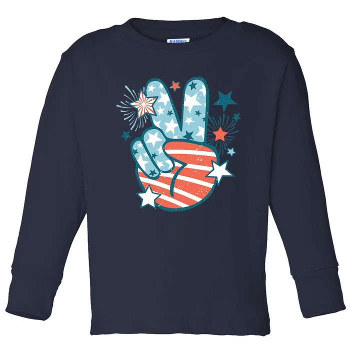 Groovy 4th Of July Peace Hand Sign USA Flag Freedom Toddler Long Sleeve Shirt