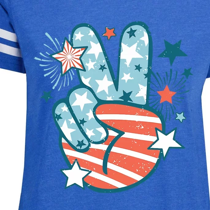 Groovy 4th Of July Peace Hand Sign USA Flag Freedom Enza Ladies Jersey Football T-Shirt