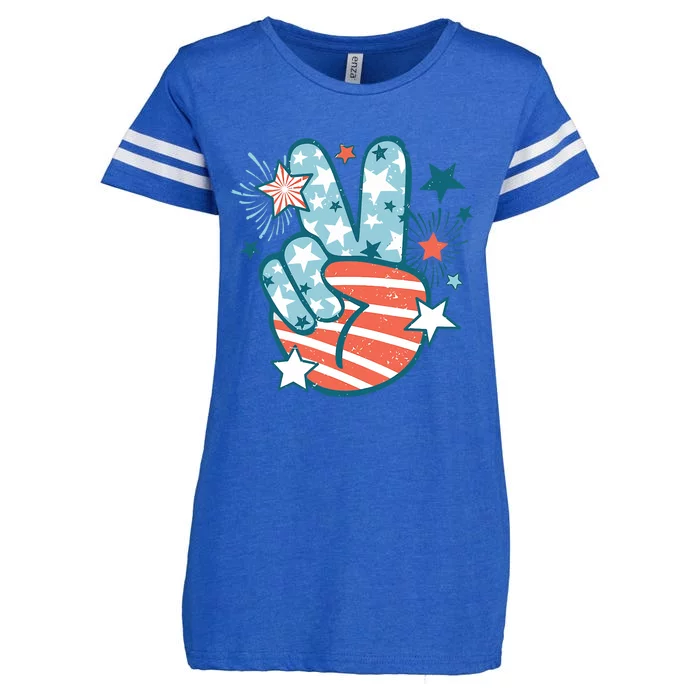 Groovy 4th Of July Peace Hand Sign USA Flag Freedom Enza Ladies Jersey Football T-Shirt