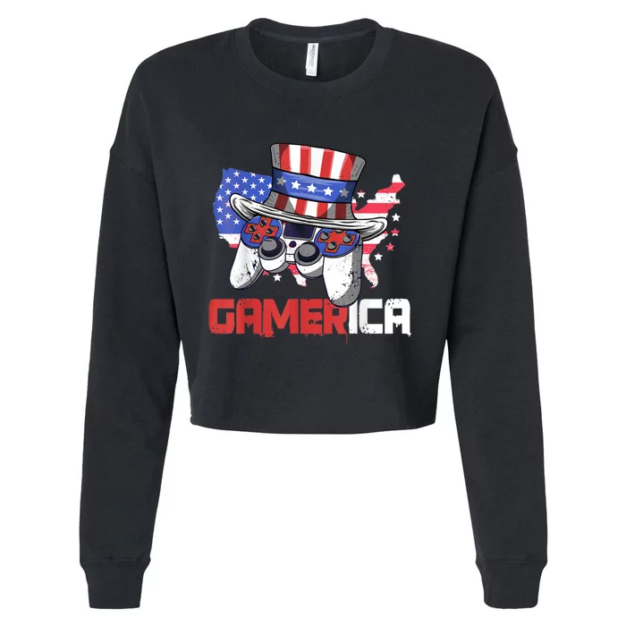 Gamer 4th Of July Boy Men Controller USA Flag Cropped Pullover Crew