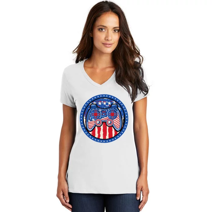 Gamer 4th of July American Flag Video Game Controller Women's V-Neck T-Shirt